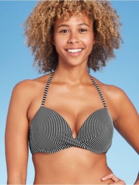 NWOT Shade & Shore Black and White Striped Halter Bikini Top